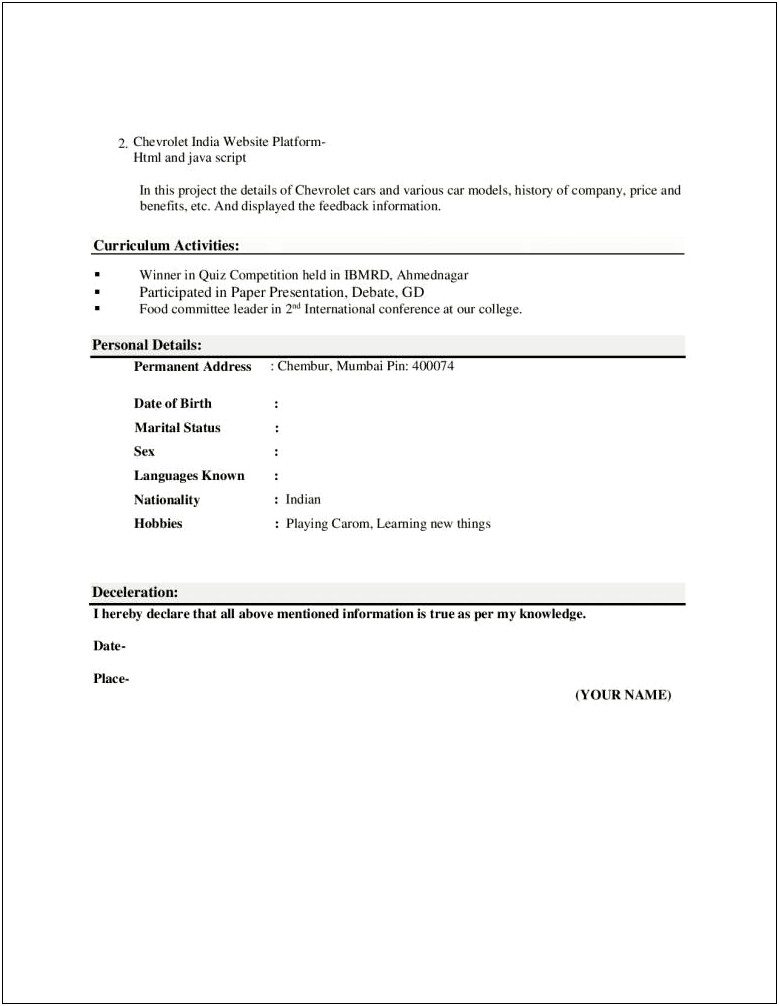 Mca Resume Format For Job