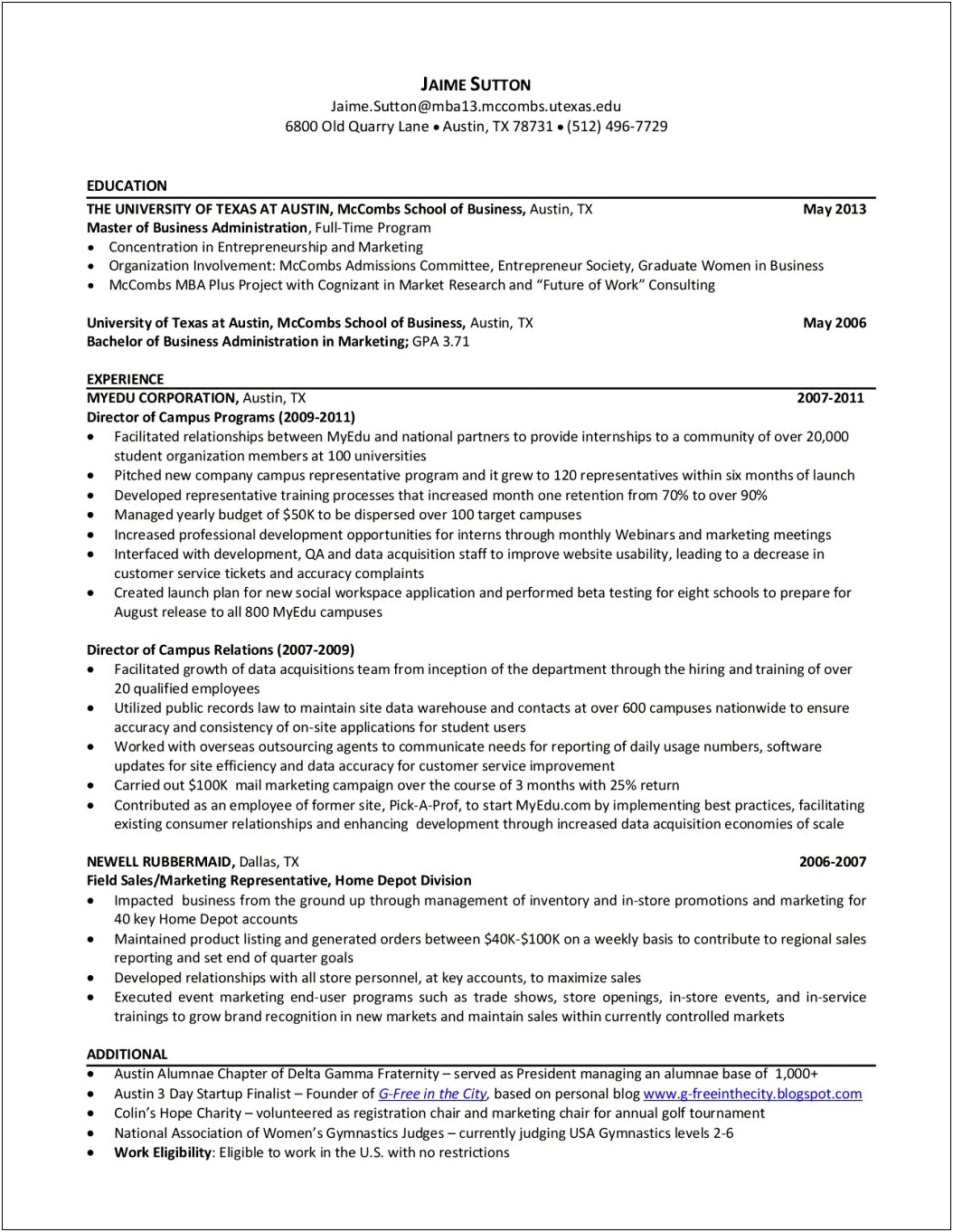 Mccombs School Of Business Resume Template