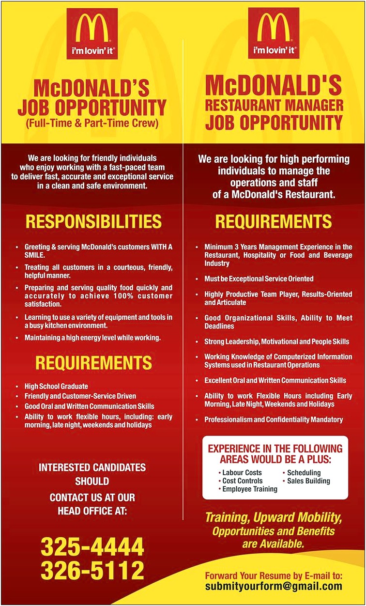 Mcdonald Team Member Job Description For Resume