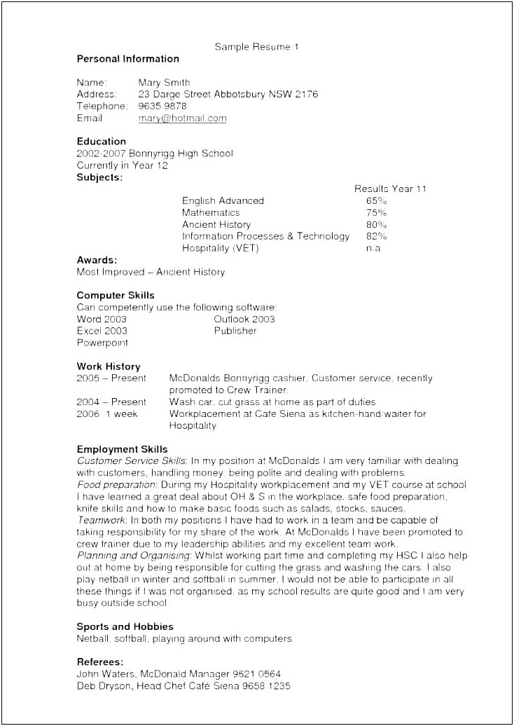 Mcdonalds Kitchen Department Manager Resume