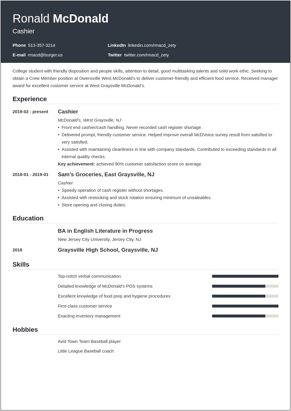 Mcdonald's Shift Manager Resume Example