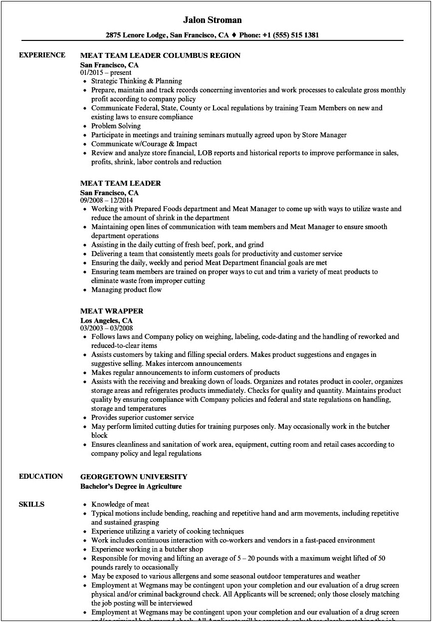 Meat And Seafood Manager Resume