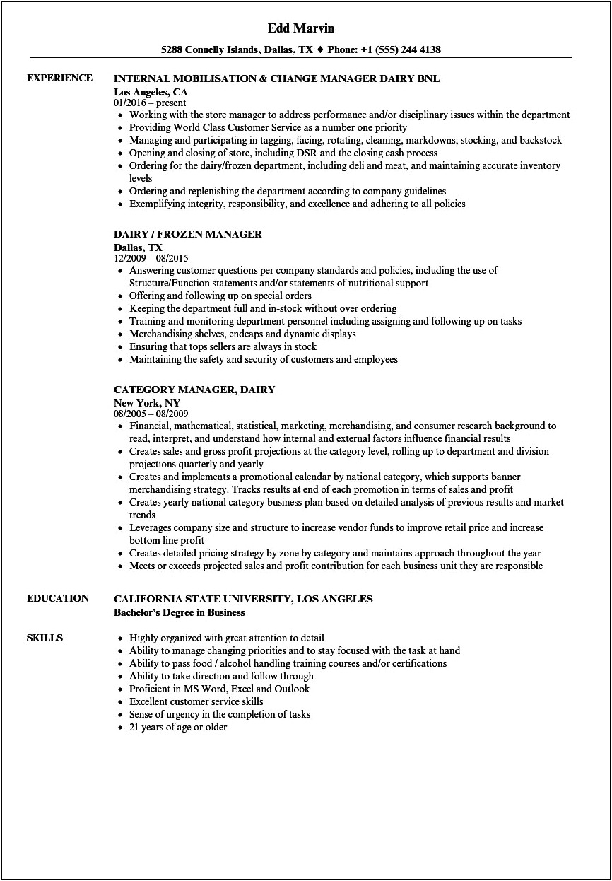 Meat Department Manager Resume Sample