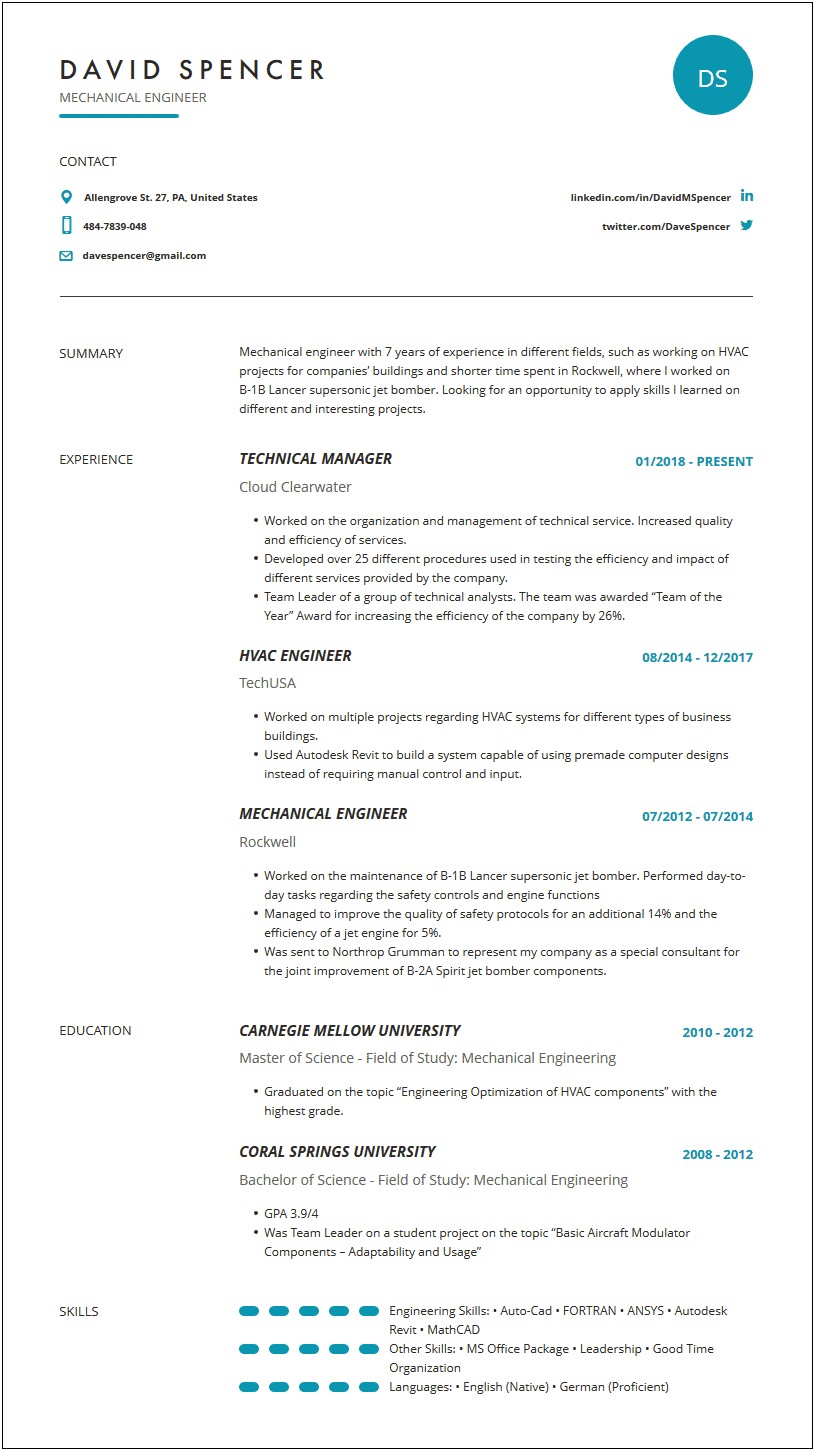 Mechanical Application Engineer Resume Examples