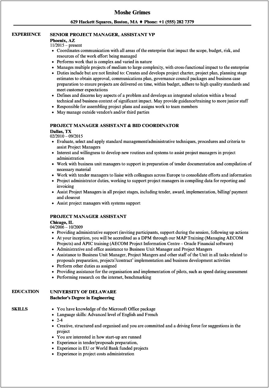 Mechanical Assistant Project Manager Resume