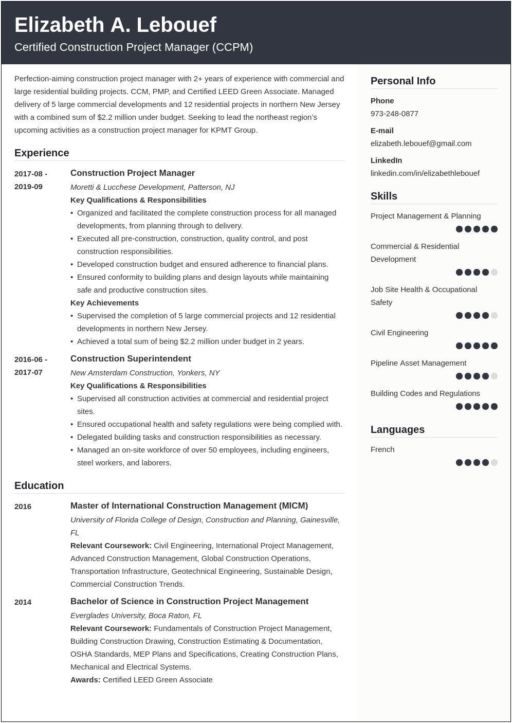Mechanical Construction Project Manager Resume