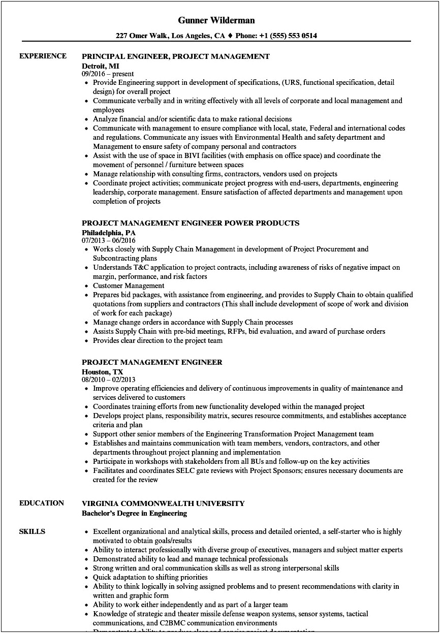Mechanical Engineer Project Manager Resume Sample