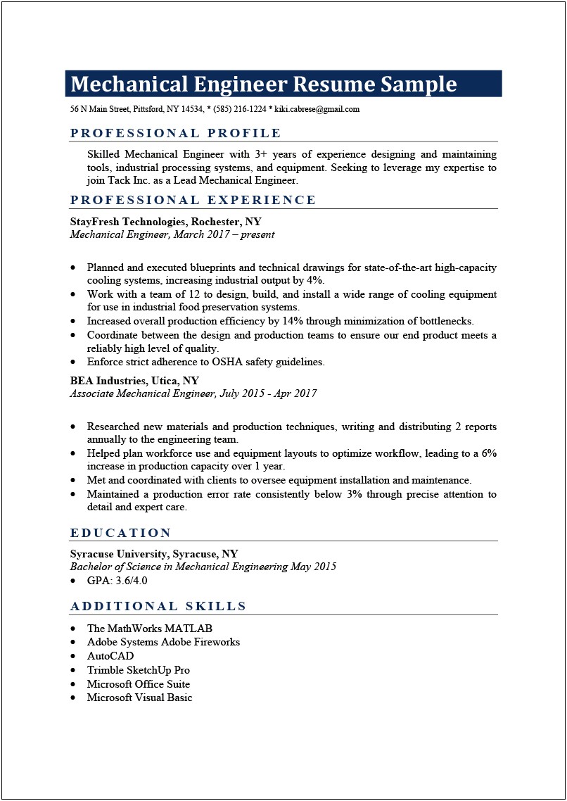 Mechanical Engineer Resume Example Standford