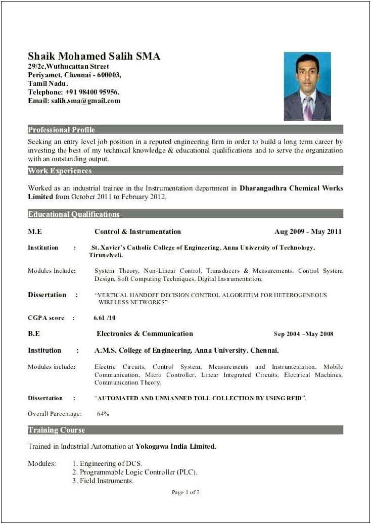 Mechanical Engineer Resume Template For Fresher Pdf Download