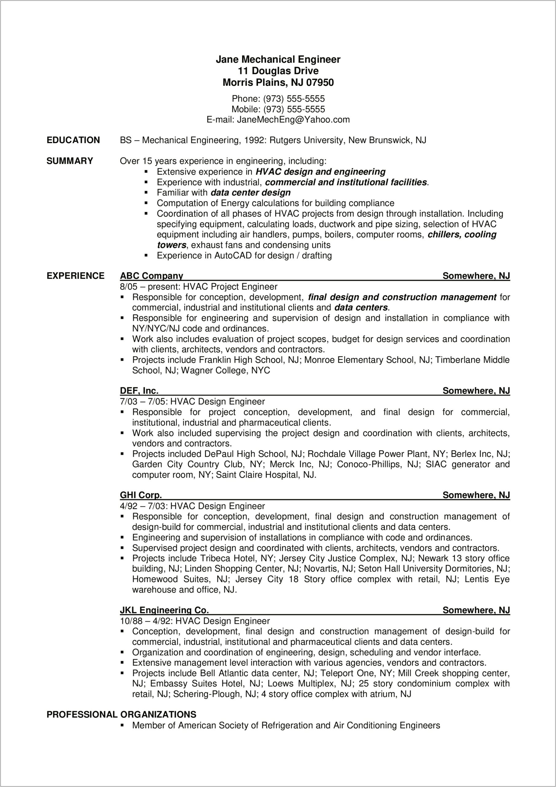 Mechanical Engineer Summary Of Qualifications Resume