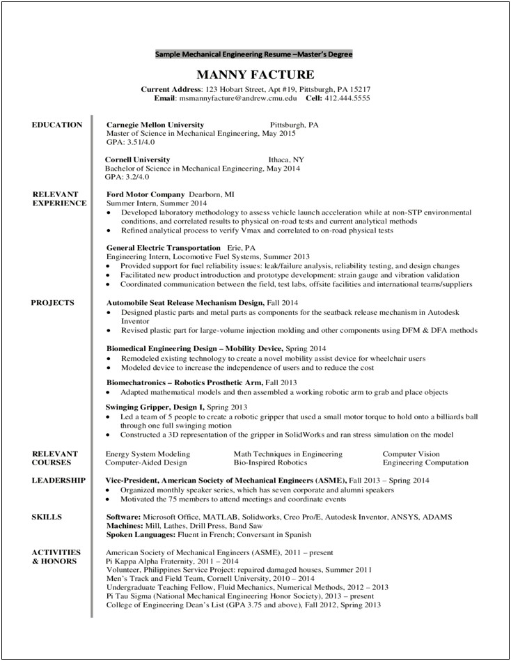 Mechanical Engineering Experience Resume Format Download