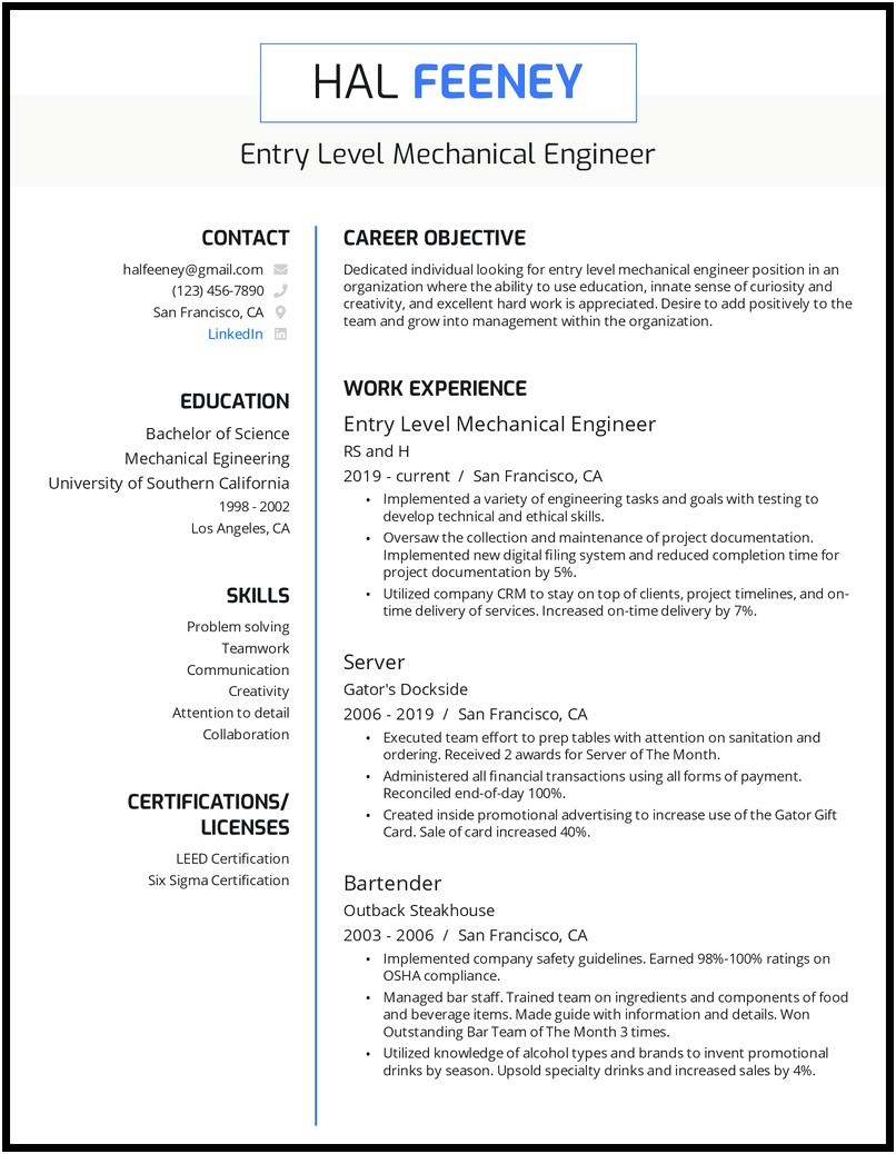 Mechanical Engineering Experience Resume Sample