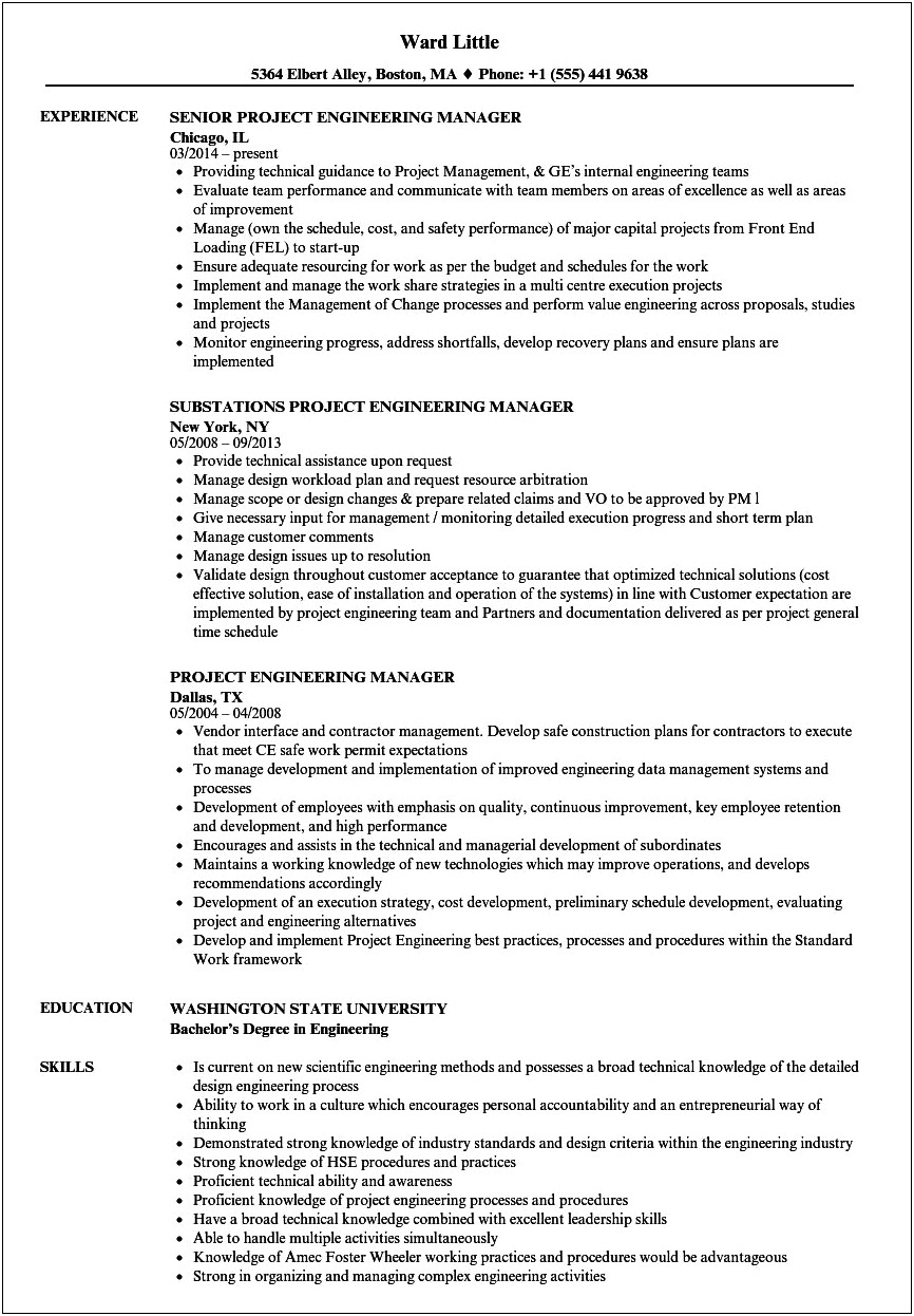 Mechanical Engineering Project Manager Resume Sample
