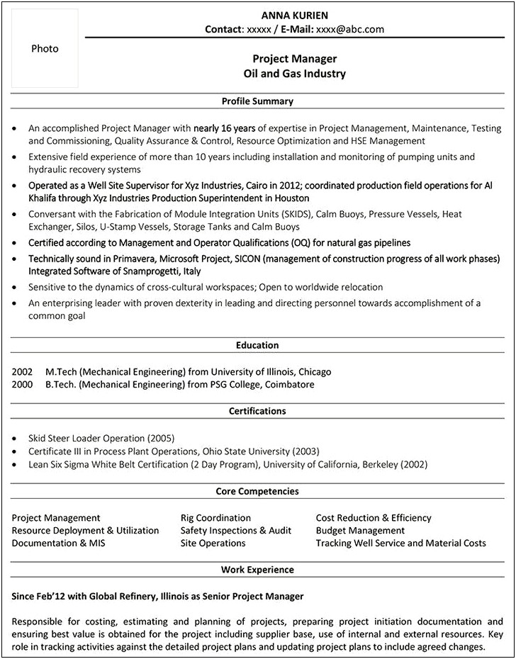 Mechanical Engineering Project Manager Resume