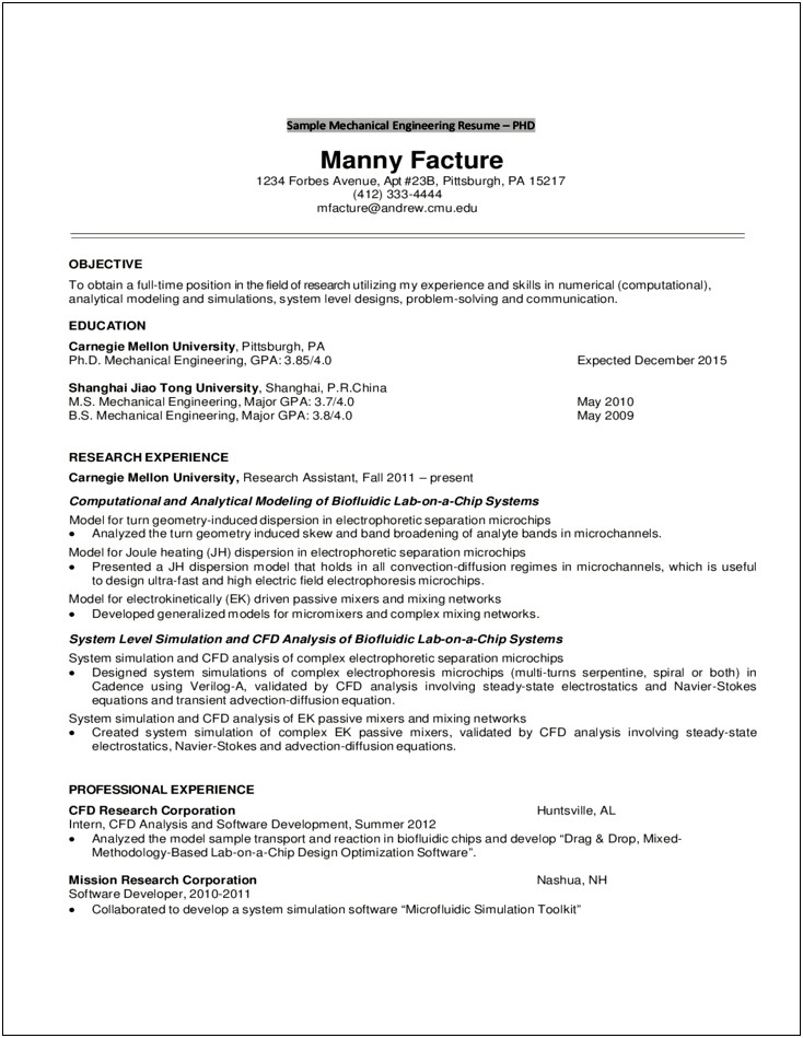 Mechanical Engineering Resume Format Free Download