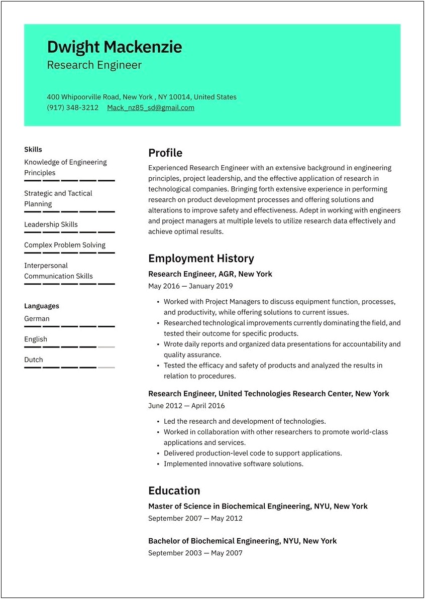 Mechanical Engineering Resume With Border Example