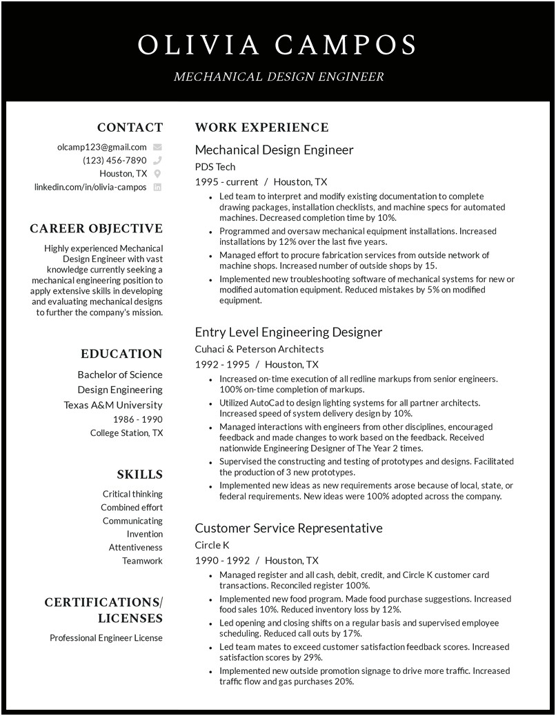 Mechanical Engineering Sample Resume Internship