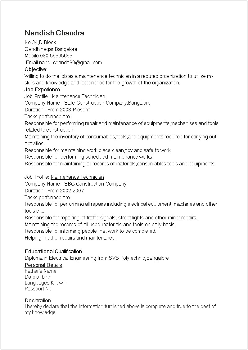 Mechanical Maintenance Technician Job Description Resume