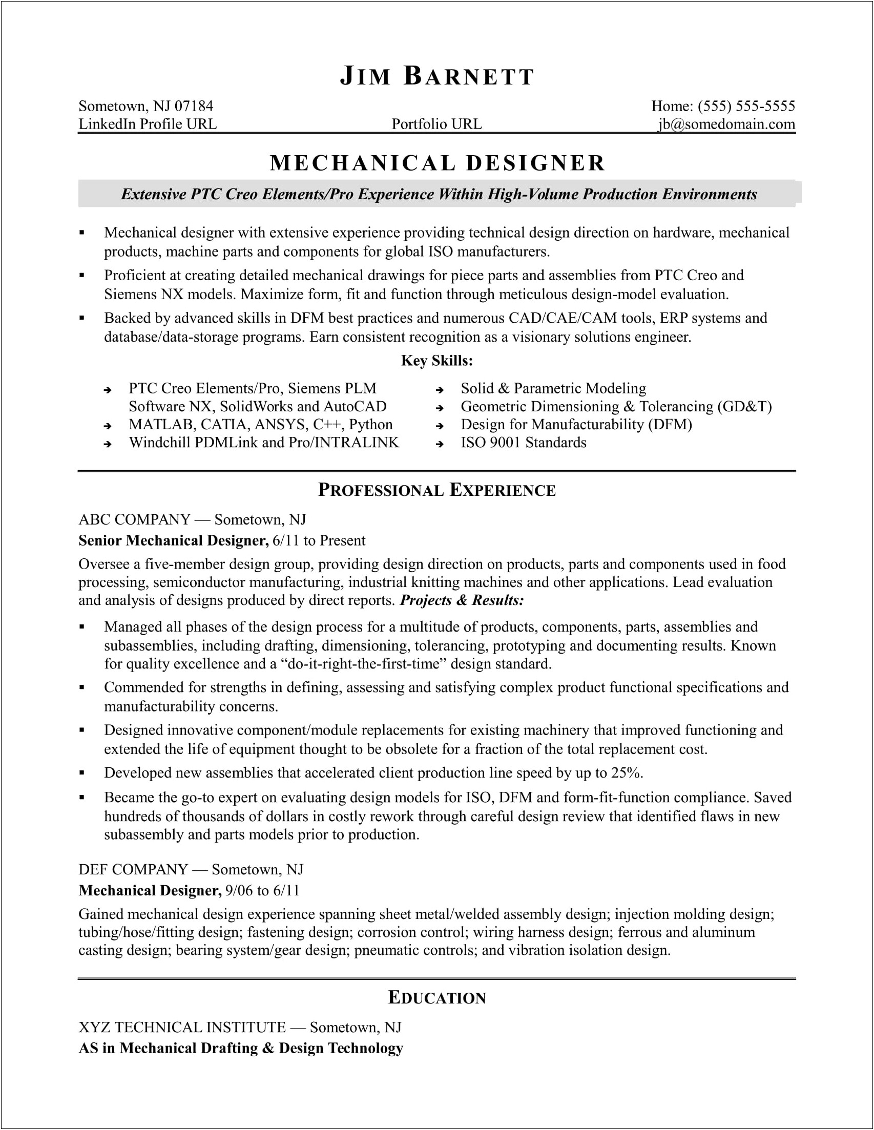 Mechanical Product Development Manager Resume