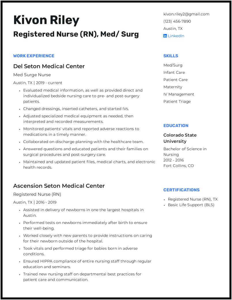 Med Surg Registered Nurse Skills Listed On Resume