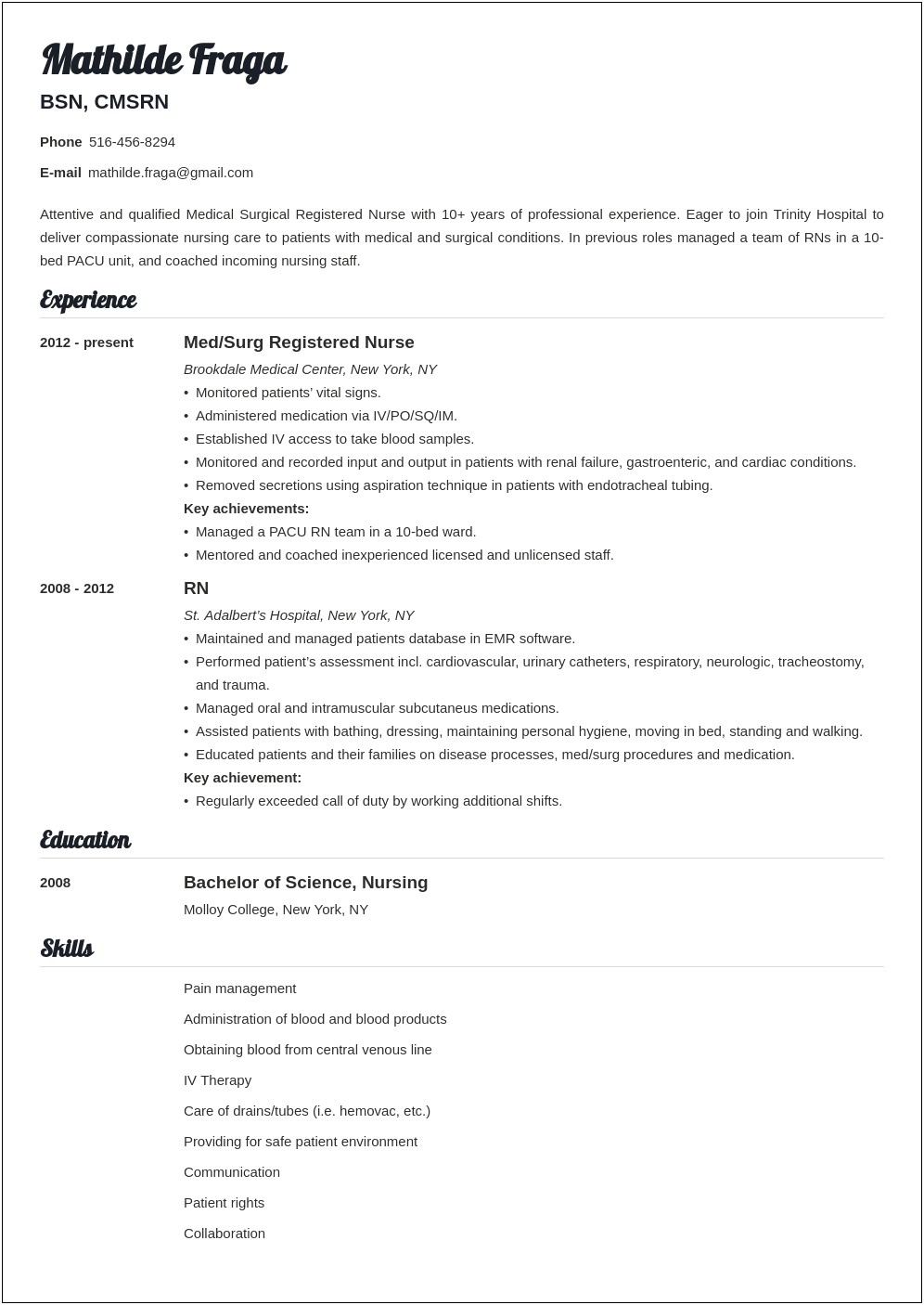 Med Surg Telemetry Nurse Job Description Resume