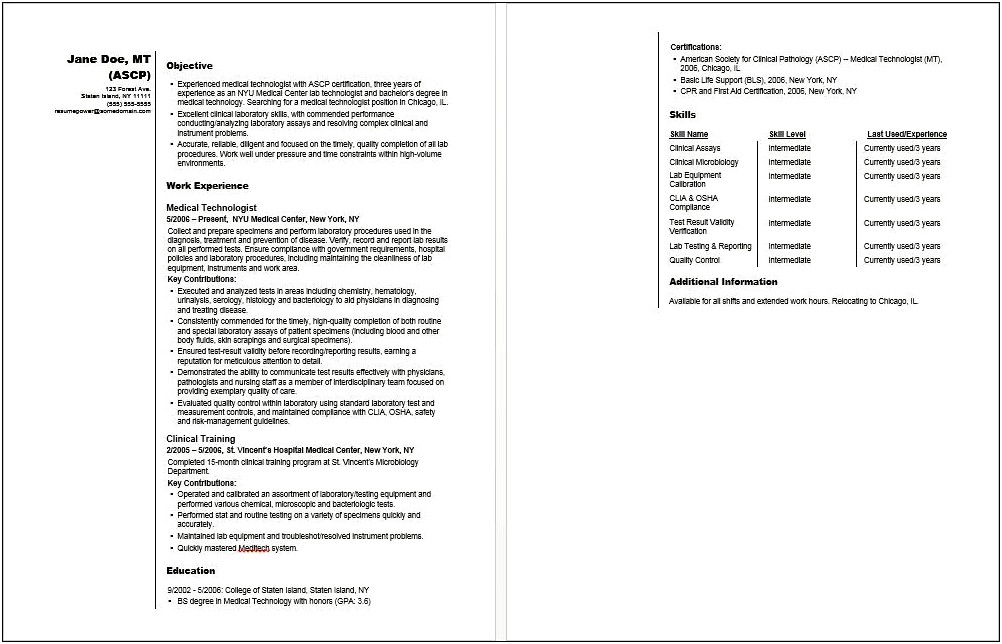 Med Tech Job Description For Resume
