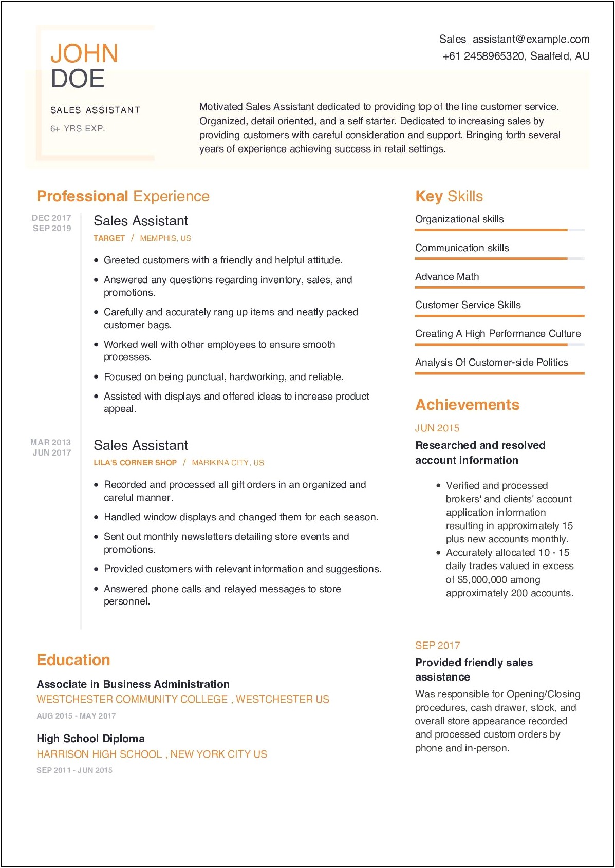 Media Sales Assistant Resume Examples