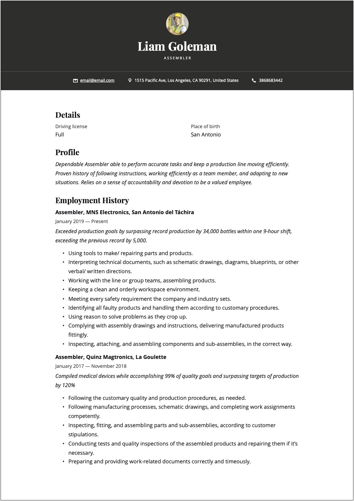 Medical Assembly Job Description For Resume
