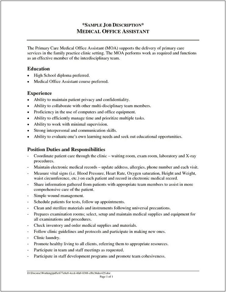 Medical Assistant Job Description On Resume