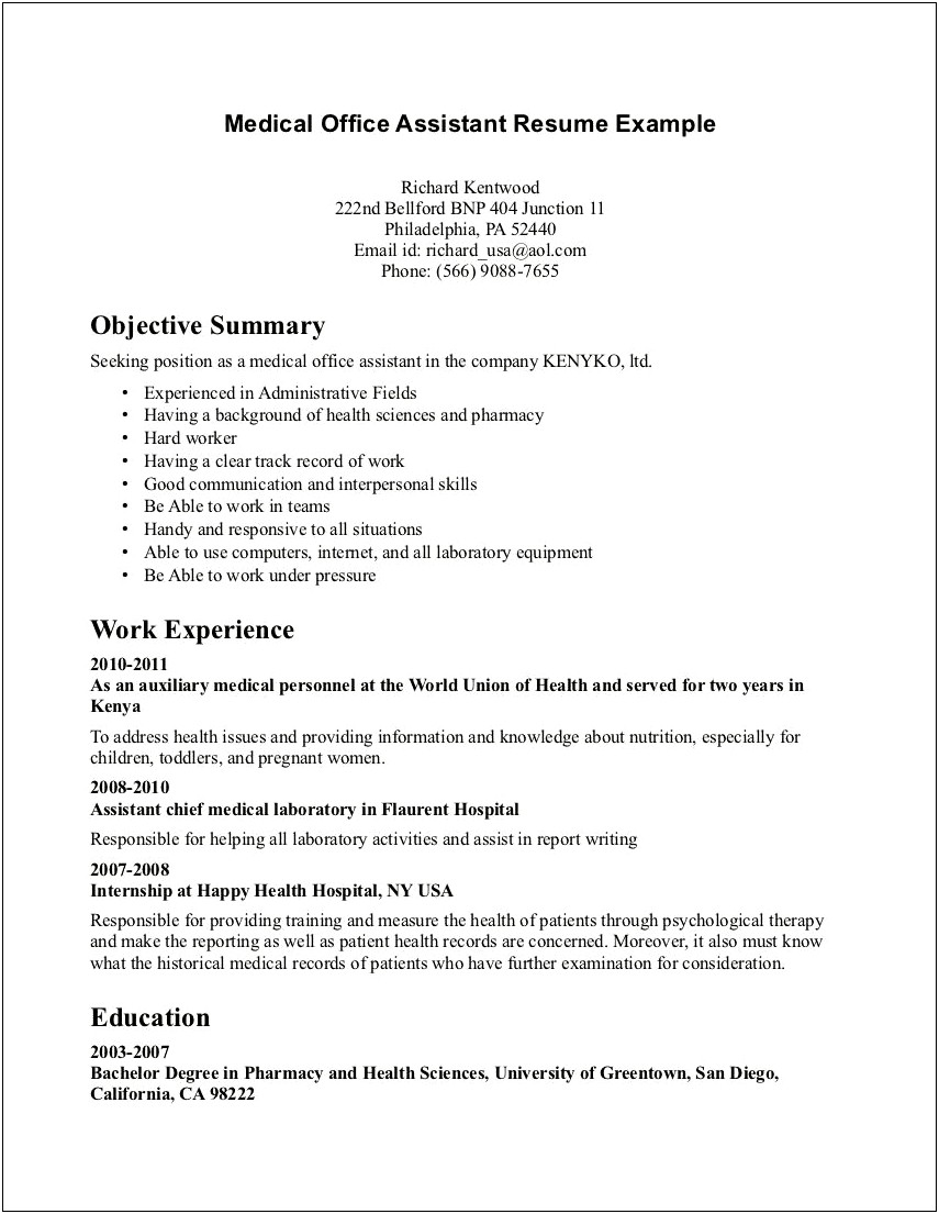 Medical Assistant Objective Sample On Resume