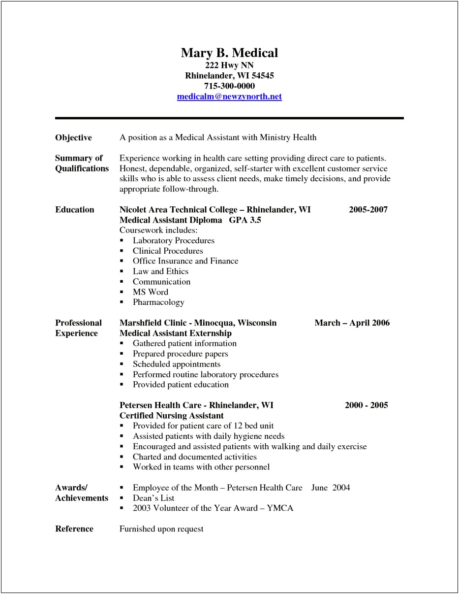 Medical Assistant Resume Just Out Of School