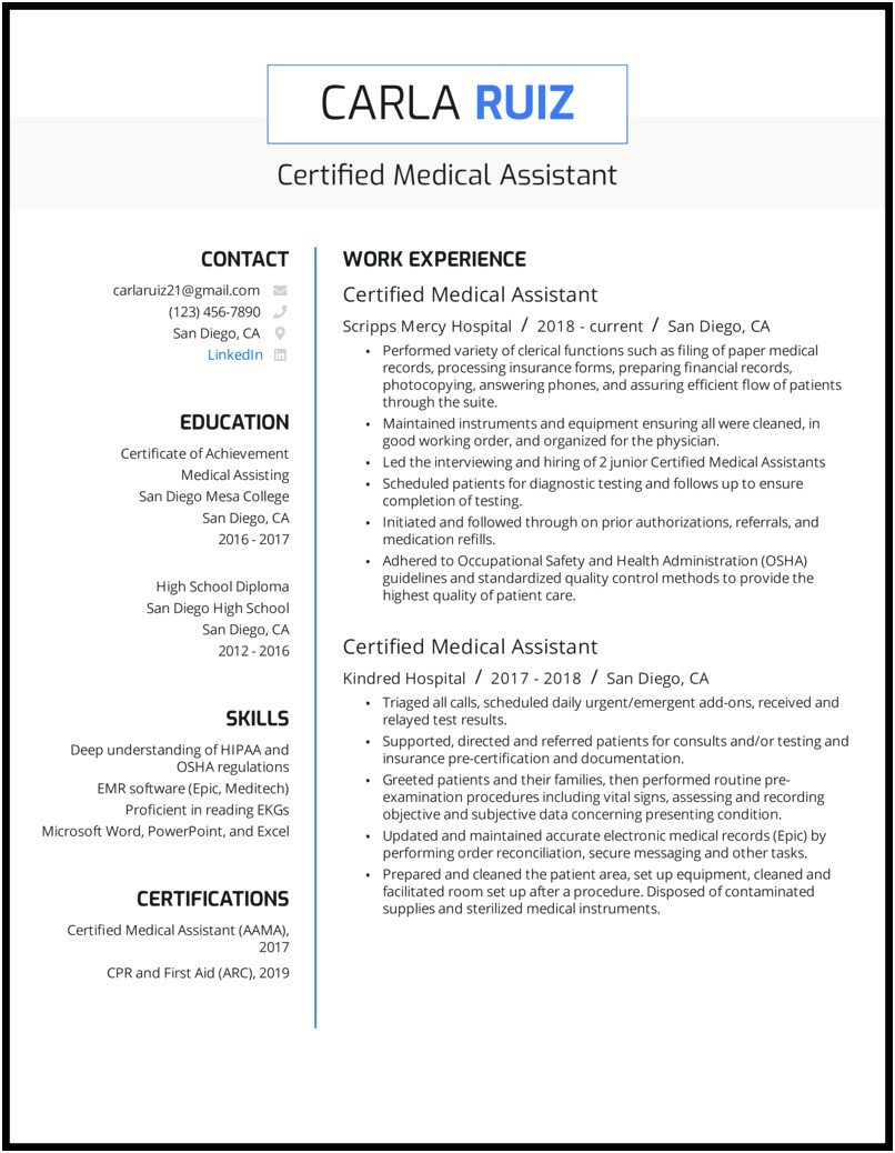 Medical Assistant Resume Skills Sample