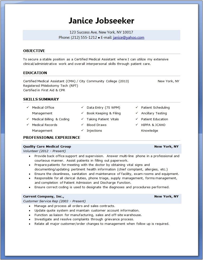 Medical Assistant Sample Resume Cover Letter