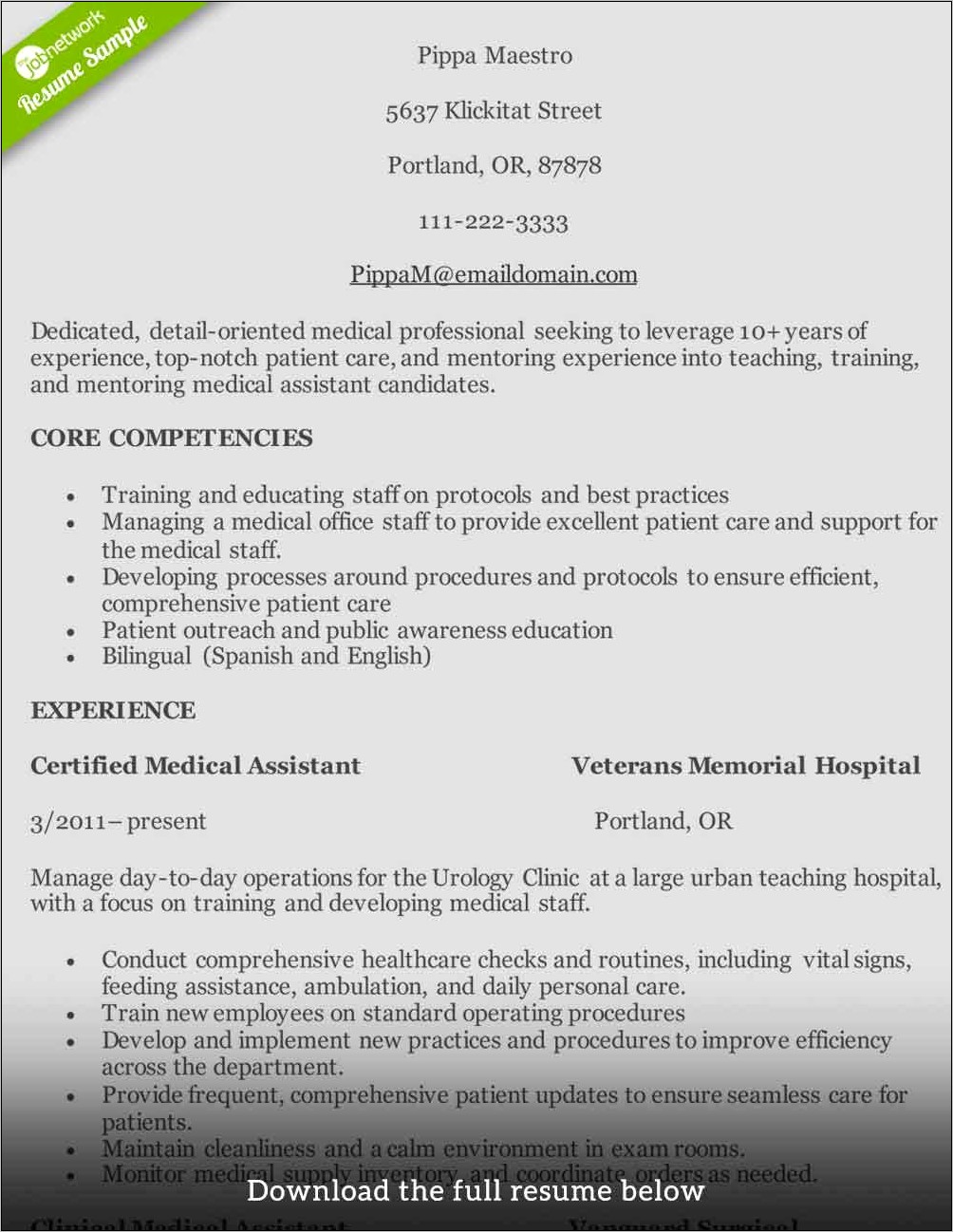 Medical Assistant Sample Resume Monster