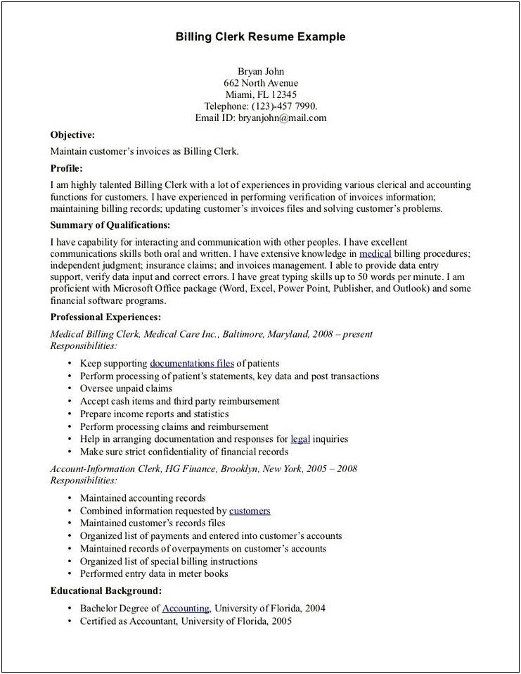 Medical Billing Manager Job Description For Resume