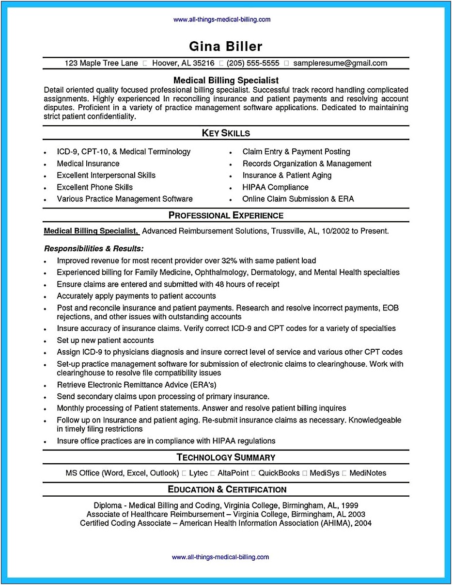 Medical Billing Representative Job Description For Resume