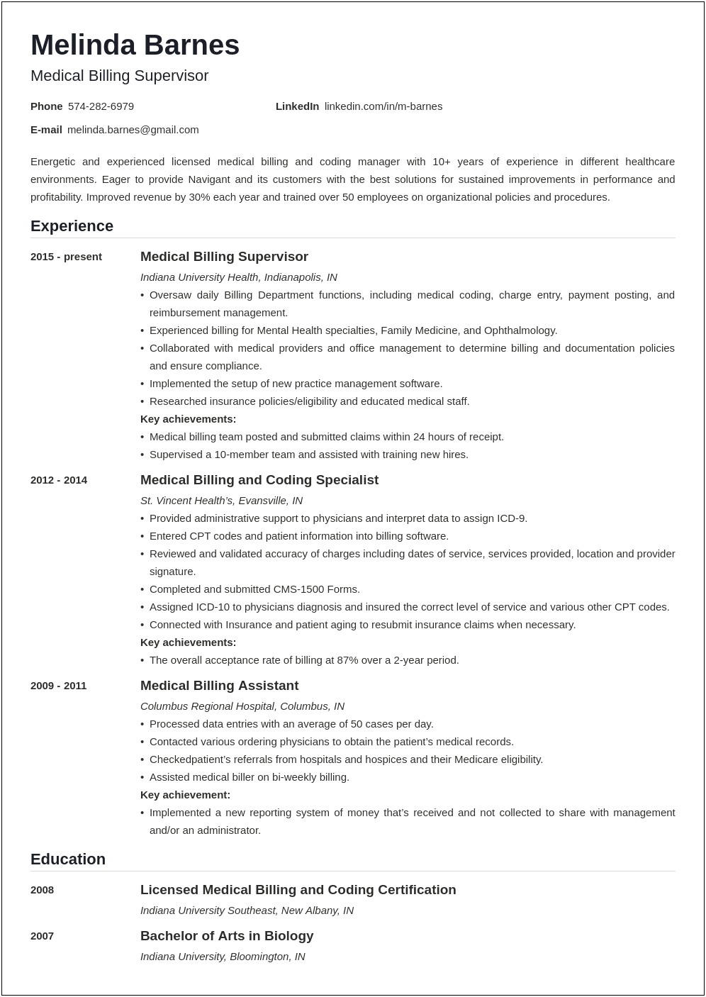 Medical Billing Specialist Job Description Resume