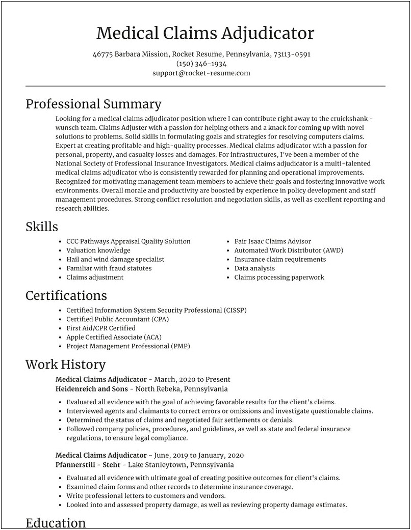 Medical Claims Adjuster Job Description For Resume
