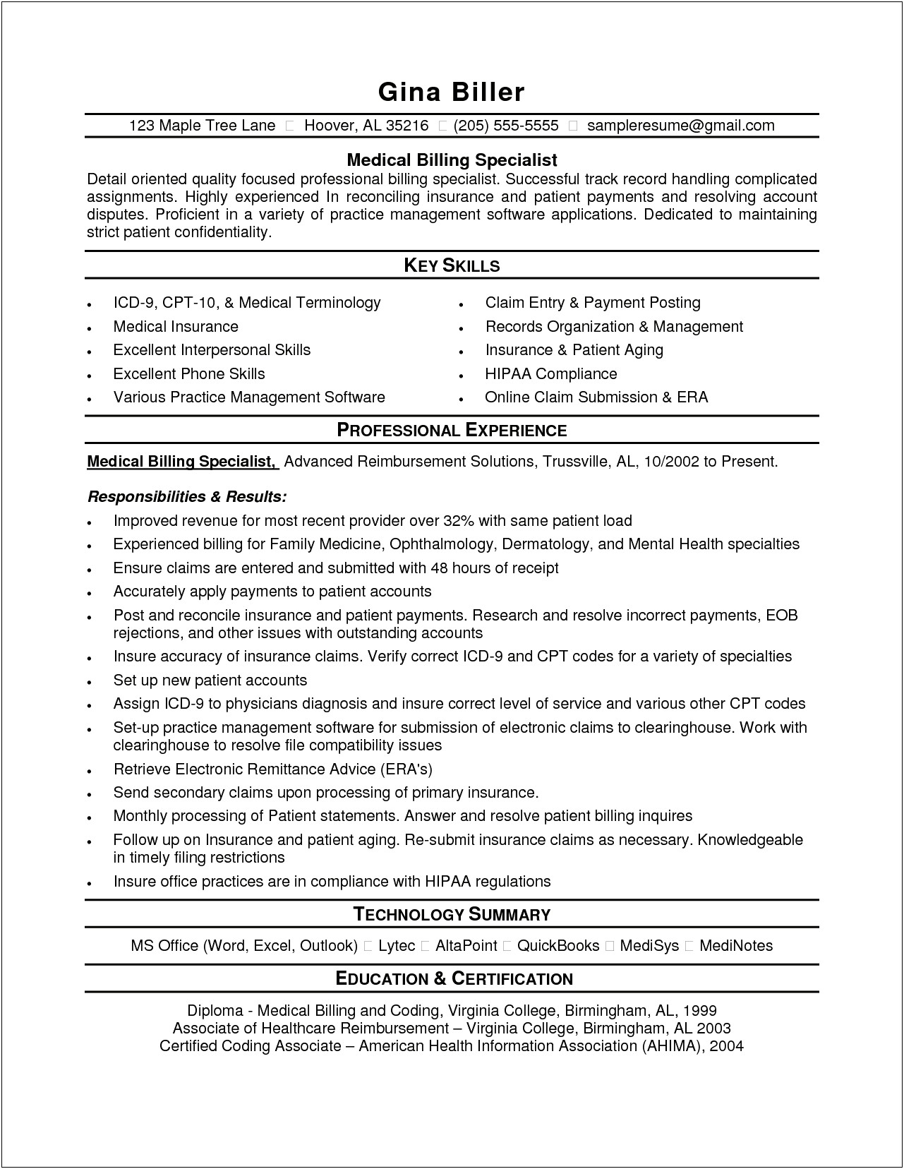 Medical Claims And Billing Specialist Sample Resume