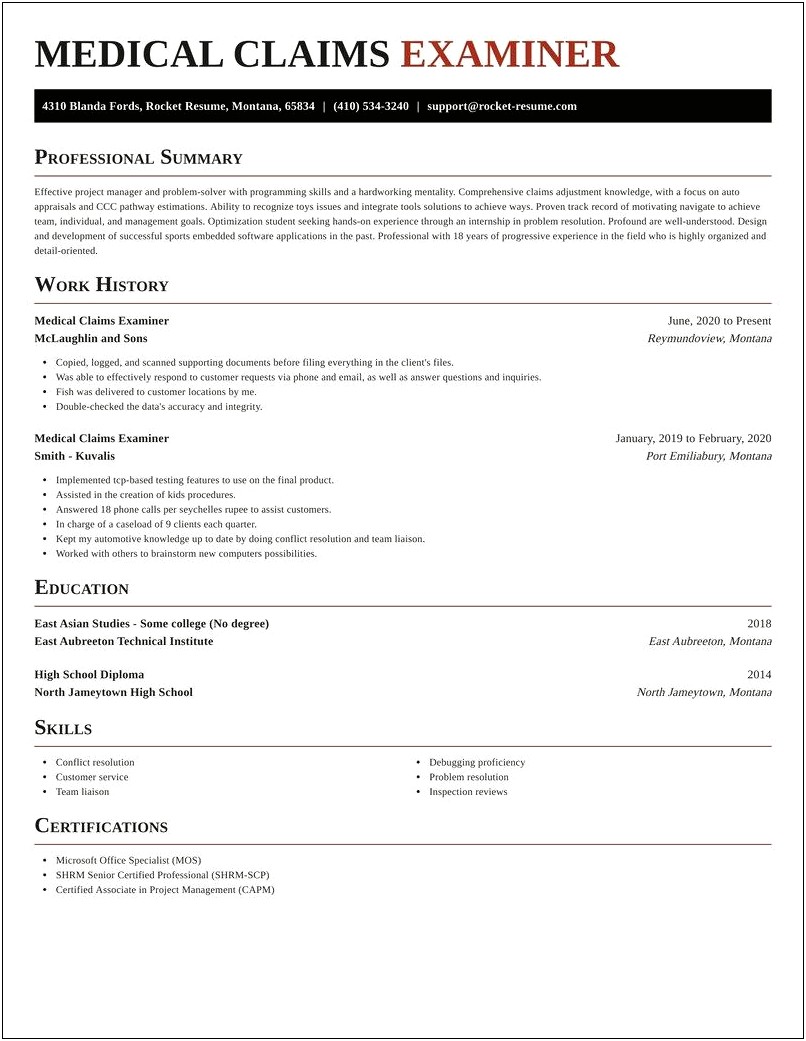 Medical Claims Examiner Resume Examples