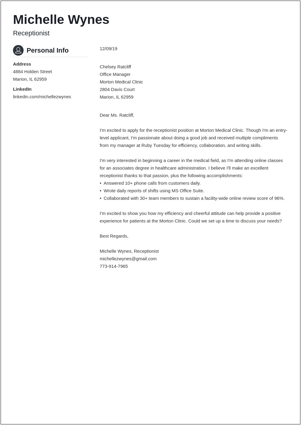Medical Coder Resume Cover Letter Example