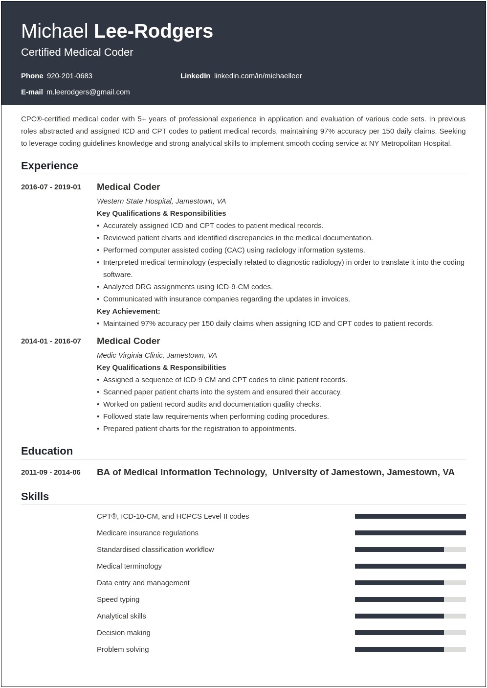 Medical Coder Resume Summary Examples