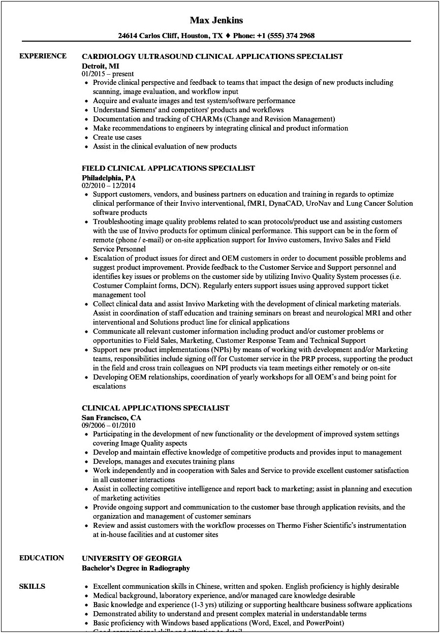 Medical Device Clinical Specialist Resume Example