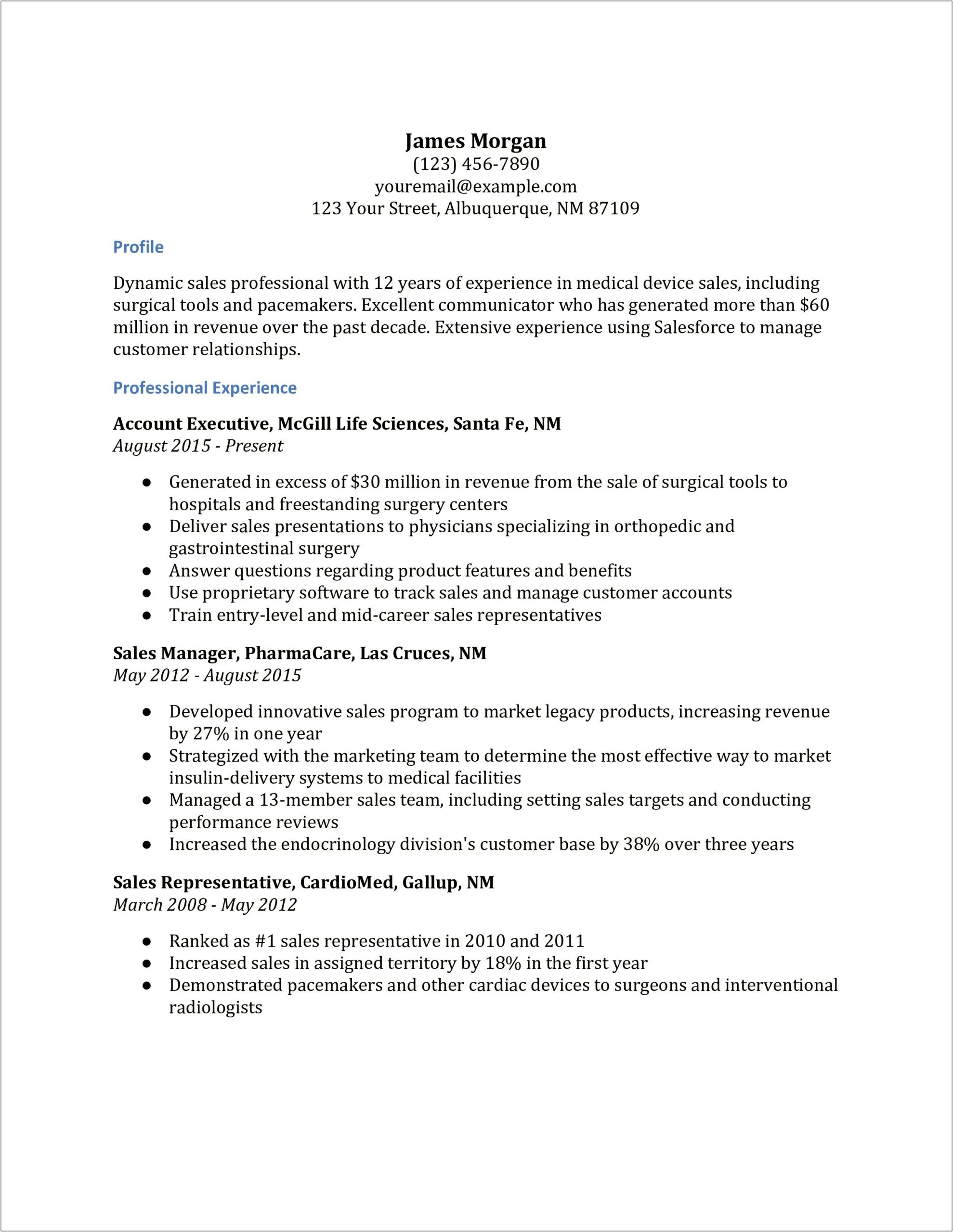 Medical Device Sales Resume Examples