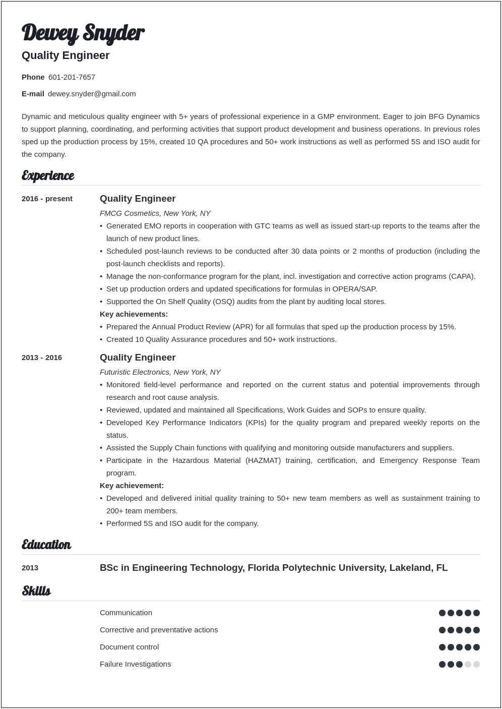 Medical Device Service Engineer Resume Examples