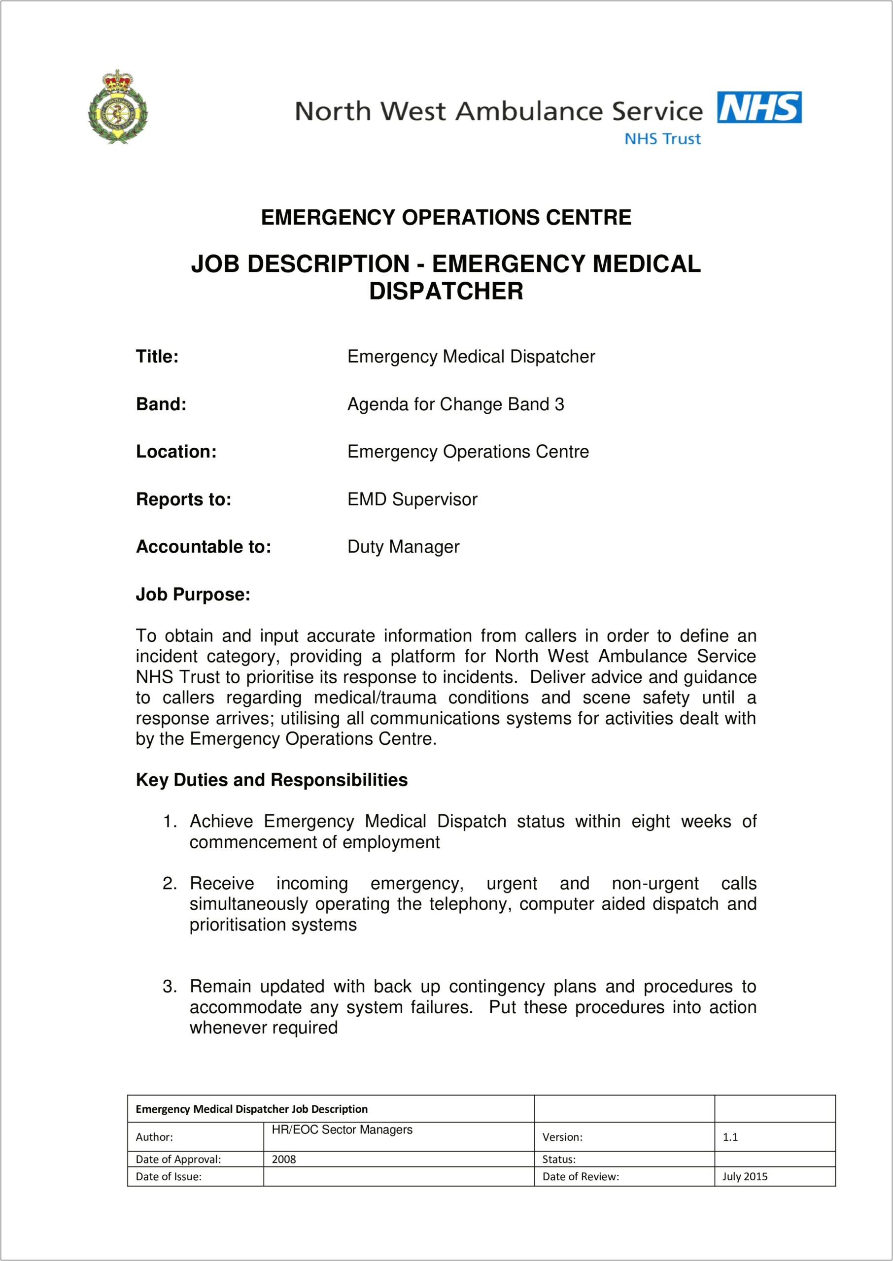 Medical Dispatcher Job Description For Resume