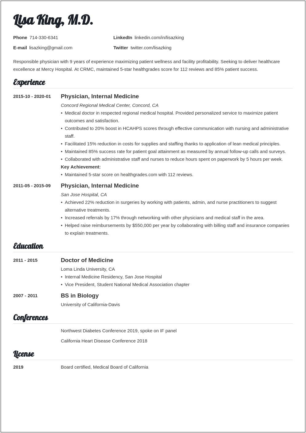 Medical Doctor Resume Examples United States