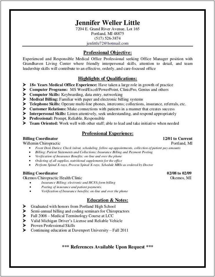 Medical Front Office Job Description Resume
