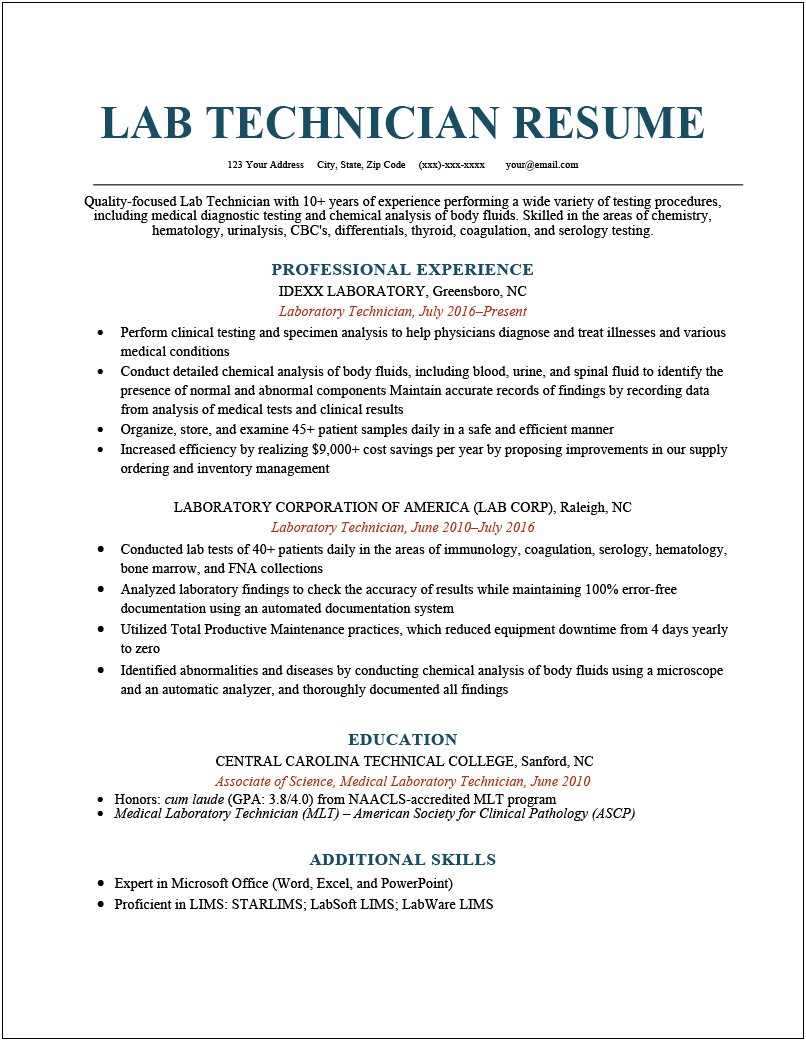 Medical Lab Tech Resume Objective