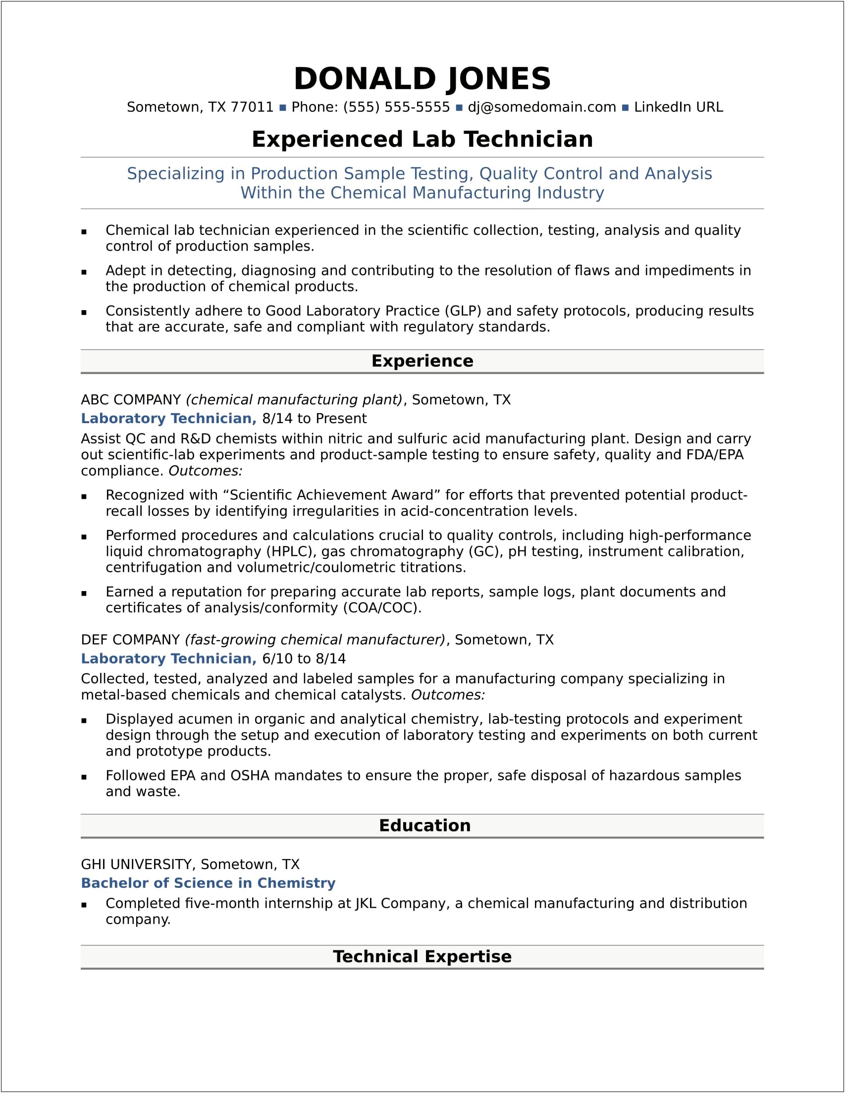 Medical Lab Technician Resume Examples